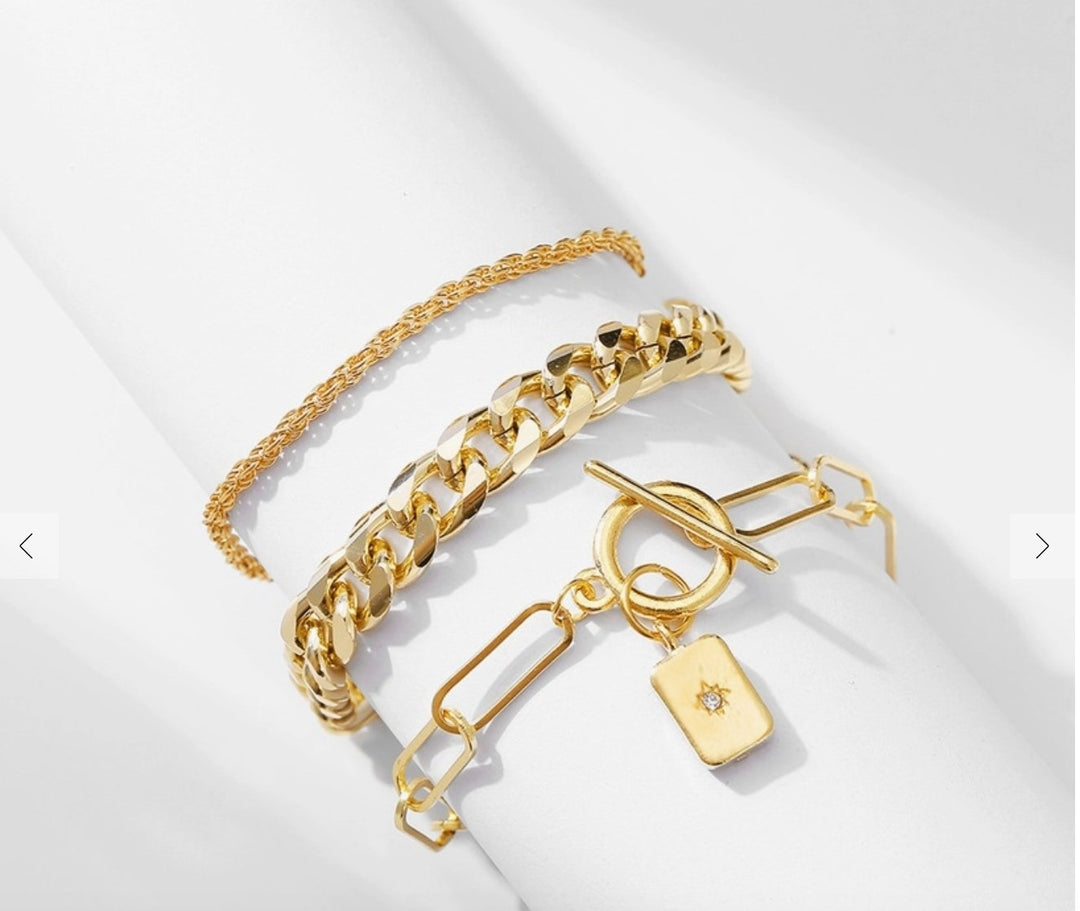 3 Piece Gold Chain Bracelet Set Fob Style - Fason De Viv