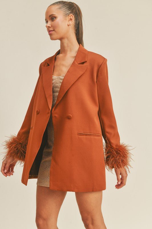 Women's Longline brown feather trim sleeves blazer Fason De Viv