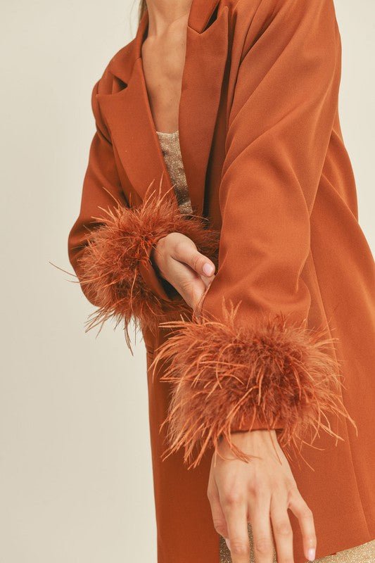 Women's Longline brown feather trim sleeves blazer Fason De Viv