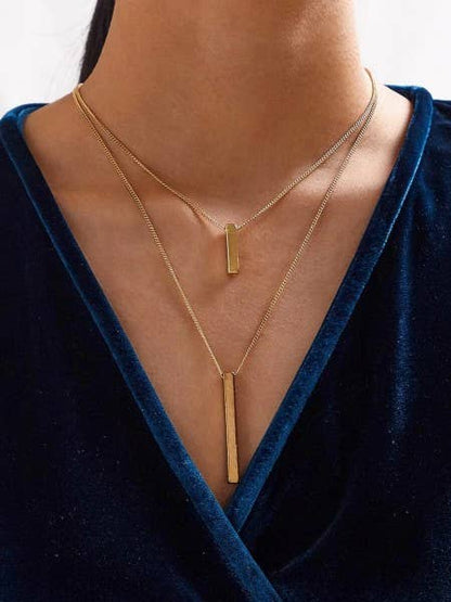 Double Layered Gold Bar Pendant Chain Necklace - Fason De Viv