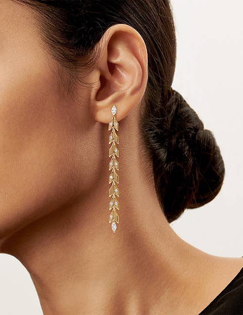 Gold Crystal Petite Leaf Chain Earrings - Fason De Viv