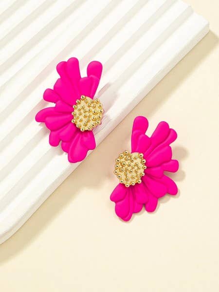 Hot Pink Matt Enamel Flower Daisy Stud Statement Earrings - Fason De Viv