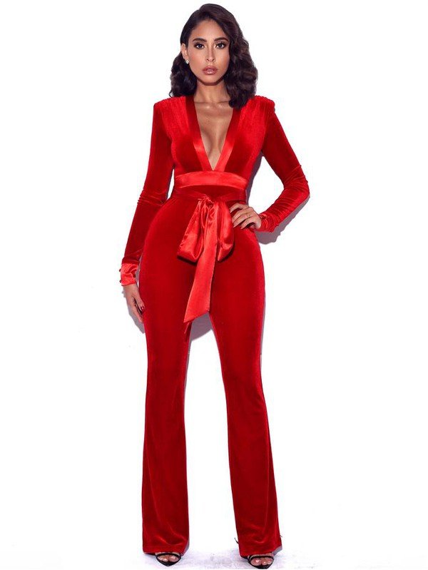 Lush Red  Long Sleeve Velvet Jumpsuit - Fason De Viv