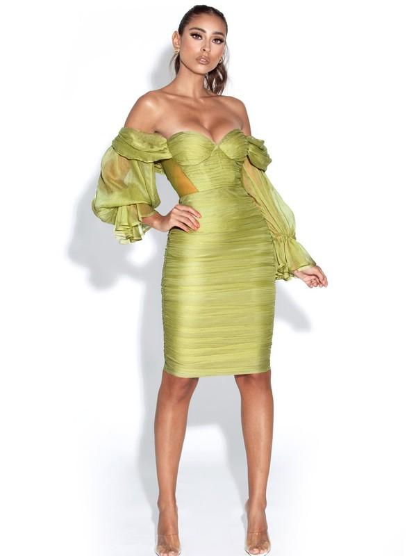 Olive Silk Pleated Off Shoulder Balloon Sleeves Dress - Fason De Viv Dance Dresses, Skirts & Costumes