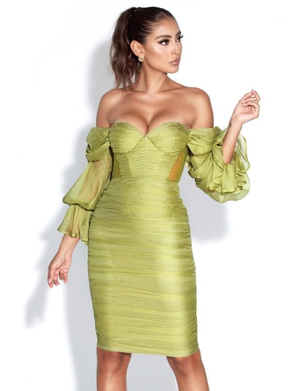 Olive Silk Pleated Off Shoulder Balloon Sleeves Dress - Fason De Viv Dance Dresses, Skirts & Costumes