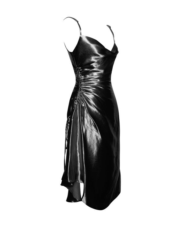 Posh Black Satin Side Slit Dress - Fason De Viv
