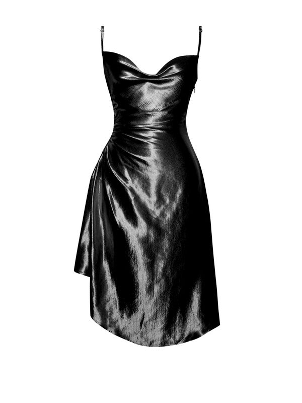 Posh Black Satin Side Slit Dress - Fason De Viv