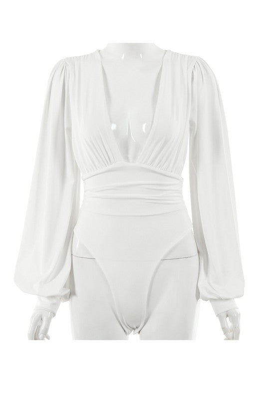 Shirred Blouson Sleeve Bodysuit - Fason De Viv Clothing