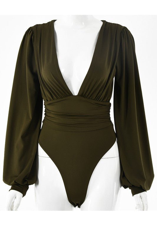 Shirred Blouson Sleeve Bodysuit - Fason De Viv Clothing