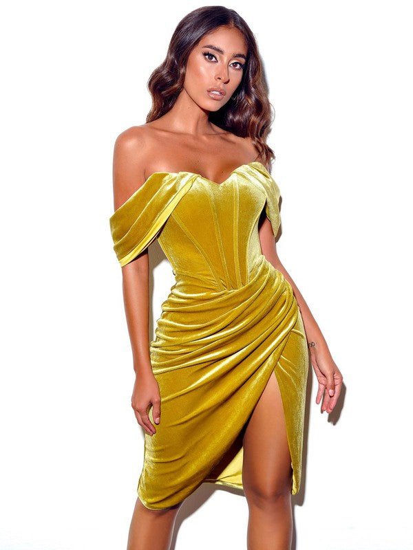 Velvet off shoulder corset dress - Fason De Viv Apparel Gold color 